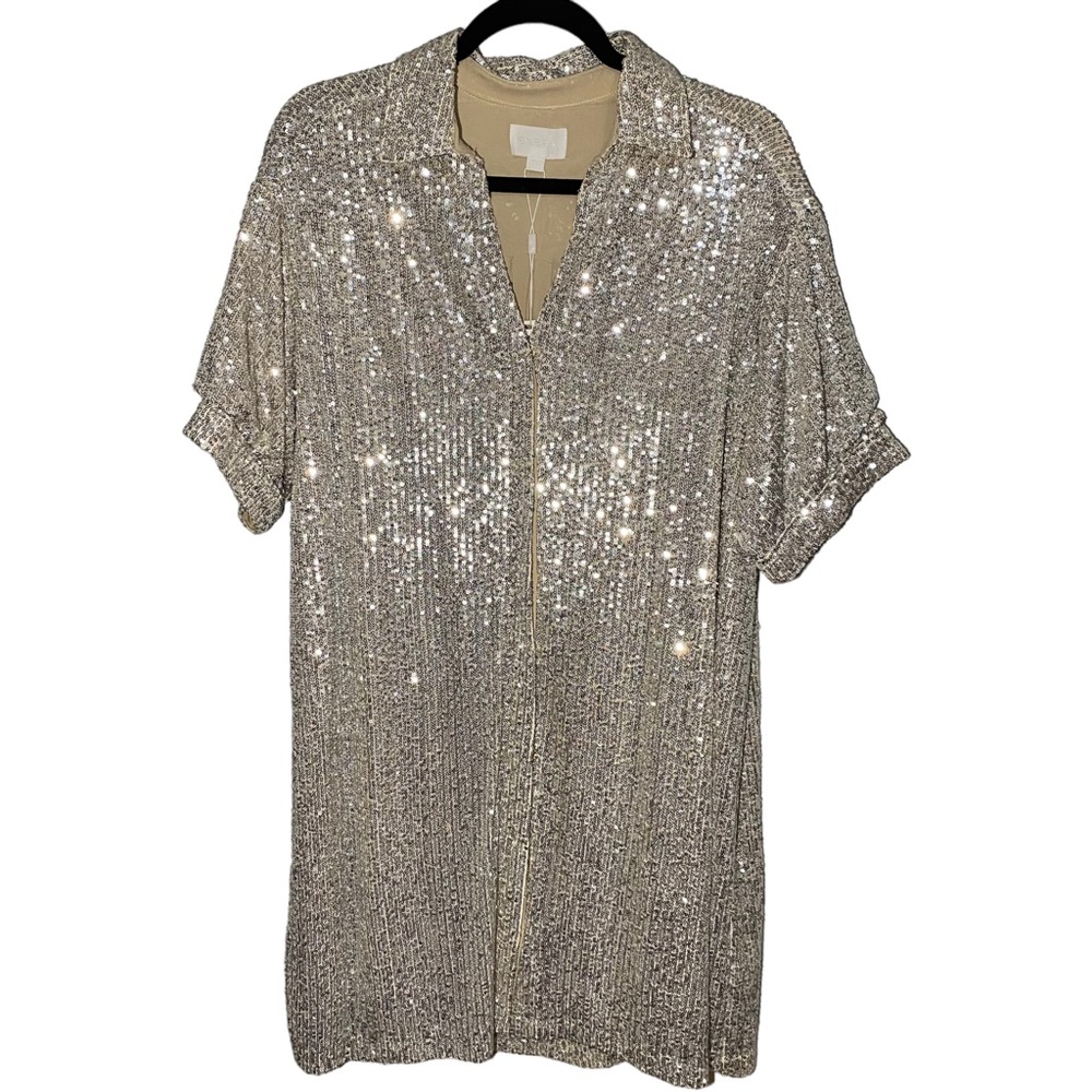 Every Women's Large Champagne Short Sleeve Collared Sequin Button Up Mini Dress